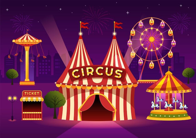 Vector circus template hand drawn cartoon flat illustration with show and amusement park