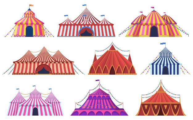 Circus tent. amusement park vintage carnival circus tent with flags, amusement attraction. circus entertainment tents set. marquee striped dome.