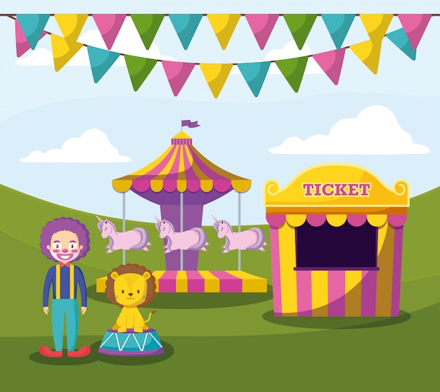 Vector circus tent with clown and cute animals