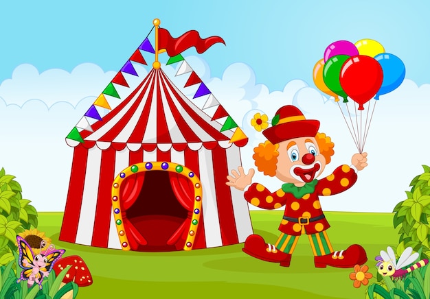 Circus tent with clown holding balloon in the green park