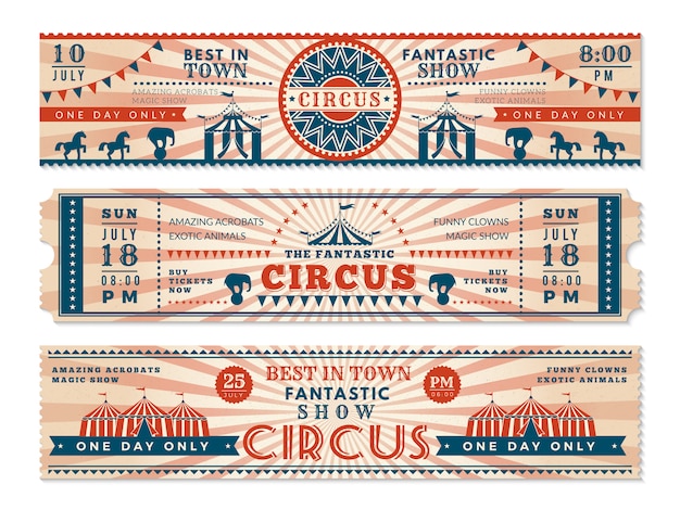 Vector circus tickets. de horizontale bannersuitnodiging voor circus toont retro webbanners van carnaval