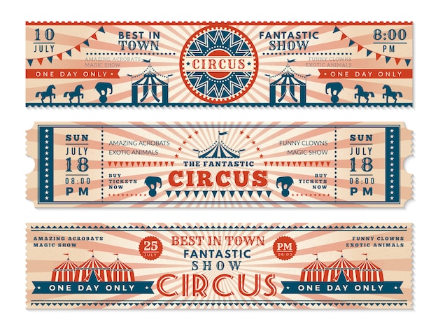 Билеты в цирк. Горизонтальные баннеры приглашение на цирковое шоу карнавал ретро веб-баннеры