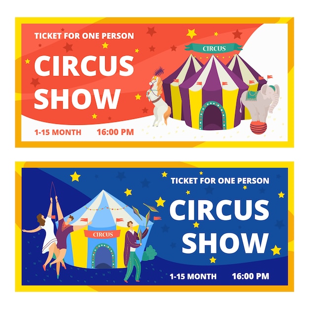 Circus tickets set of carnival entertainment horizontal banners with animals show and performance with acrobats and magician  illustration. Circus tickets festival magic event template.