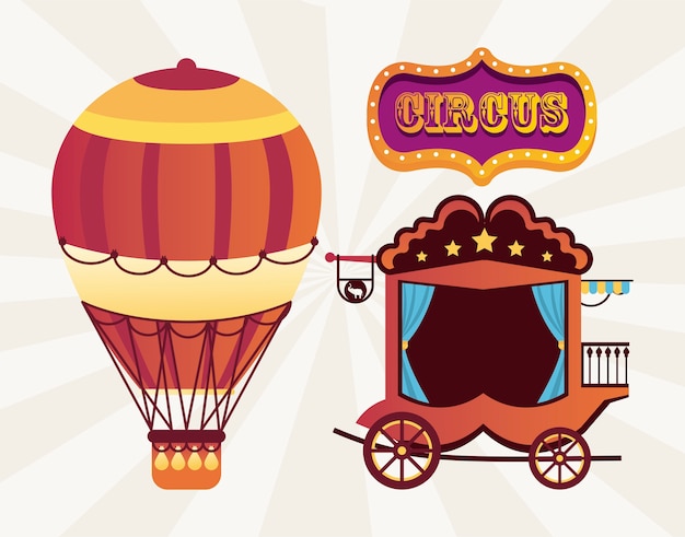 サーカスの伝統的なヴィンテージの馬車と気球の空気が熱いバナーイラスト