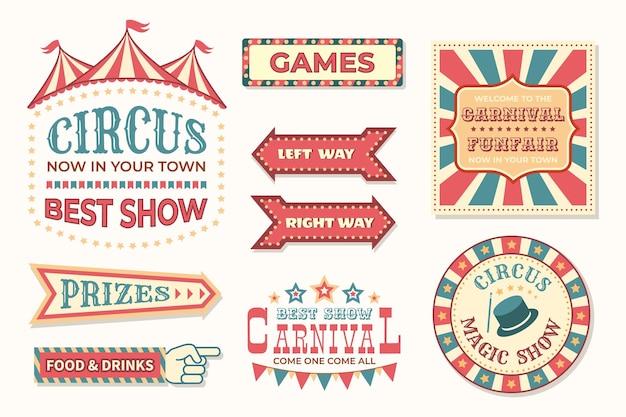 Vector circus vintage banner carnaval retro borden verzameling van gestileerde wijzers uithangborden en posters voor festival ouderwetse reclameborden voor eerlijk café en feestelijke show vector set