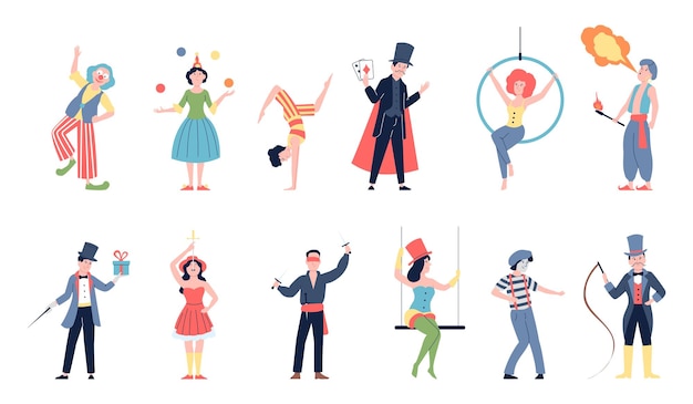 Vector circusacteurs showkunstenaar en mime clowns plat carnaval festival personages straat theater performer mensen in kostuums recente vector set