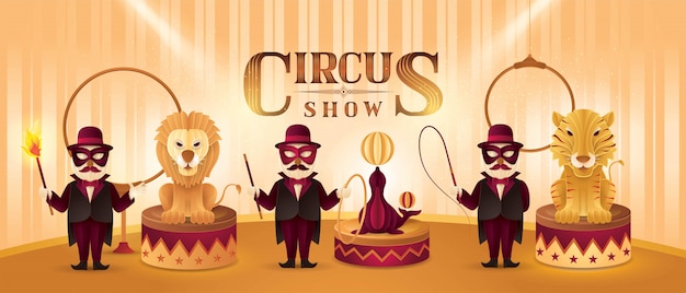 Circusartiesten acteurs show set, leeuw, tijger en pelsrobben en dieren trainer