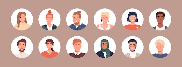 Cirkel avatars met gezichten van jongeren. Portretten van diverse mannen en vrouwen van verschillende rassen. Set gebruikersprofielen. Ronde iconen met vrolijke lachende mensen. Gekleurde platte vectorillustratie.
