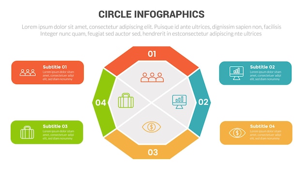 Vector cirkel basis infographics sjabloon diagram banner met grote cirkel cirkelvormig object en 4-punts stap creatief ontwerp