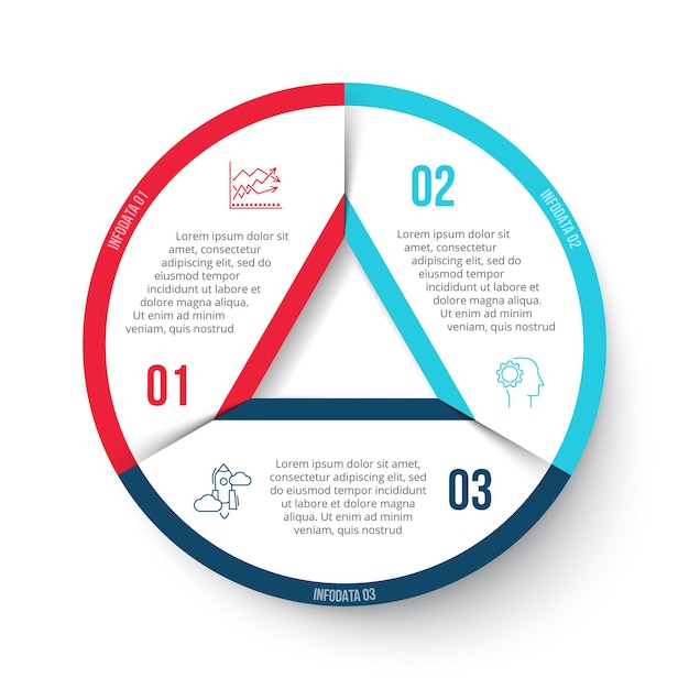 Cirkel met driehoek erin, verdeeld in 3 delen. vector infographic ontwerp illustratie.