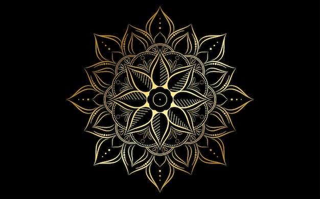 Cirkel patroon bloemblaadje bloem van mandala met gouden kleur Vector bloemen mandala patronen uniek ontwerp met zwarte achtergrond Hand getrokken patroon