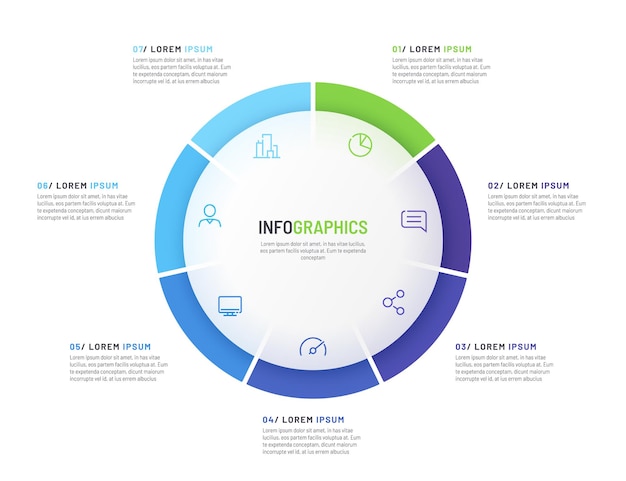 Cirkeldiagram infographic sjabloon gedeeld door zeven delen vectorillustratie