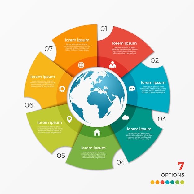 Cirkeldiagram infographic sjabloon met globe 7 opties voor presentaties, reclame, lay-outs, jaarverslagen, webdesign.