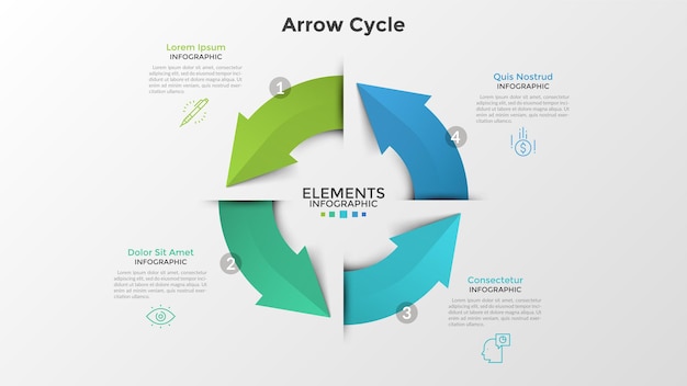 Cirkeldiagram met vier kleurrijke pijlen, lineaire pictogrammen en plaats voor tekst. Concept van 4-staps gesloten productiecyclus. Creatieve infographic ontwerpsjabloon. Vectorillustratie voor brochure.