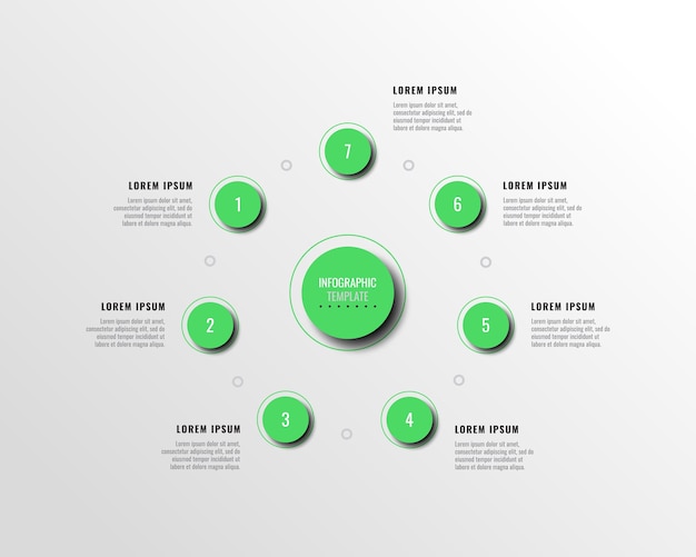 Cirkeldiagram met zeven groene infographic elementen met realistische schaduw op een witte achtergrond