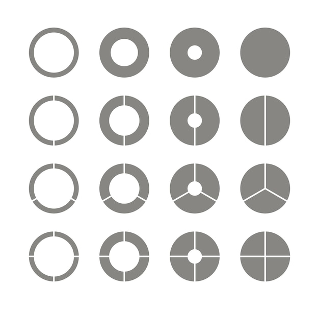 Cirkeldiagramsjabloon in schaduwen van grijze kleur Cirkeldiagram met sectie en segmenten Cirkelgrafiekcollectie
