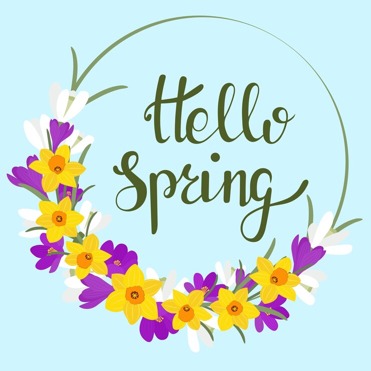 Vector cirkelframe met lentebloemen en tekst hello spring