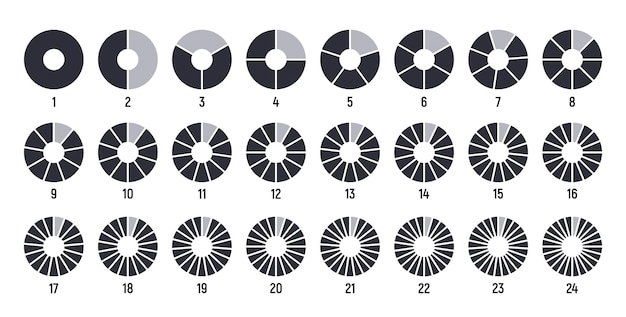 Vector cirkels verdeeld in delen van naar zwarte ronde grafiek voor infografische taart portie of pizza plak