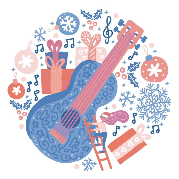 Vector cirkelsamenstelling van akoestische gitaar met kerstmisdecor en sneeuwvlokken. misic festival vector achtergrond concept. afdrukken met enorme gitaar, geschenkdozen, kleine vrouw