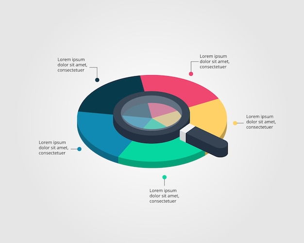 cirkelsjabloon met vergrootglas voor infographic voor presentatie voor 5 elementen