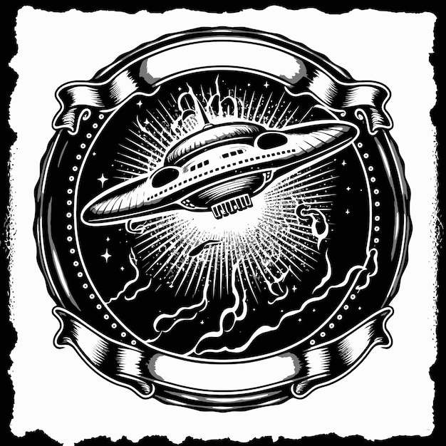 Cirkelvormig UFO-embleemlogo-ontwerp met monochromatisch kleurenschema en linttekst