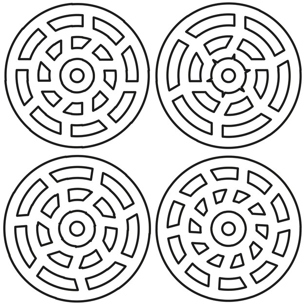 Cirkelvormige labyrint iconen Afgeronde labyrint symbool Puzzle structuur set Vector navigatie ontwerp