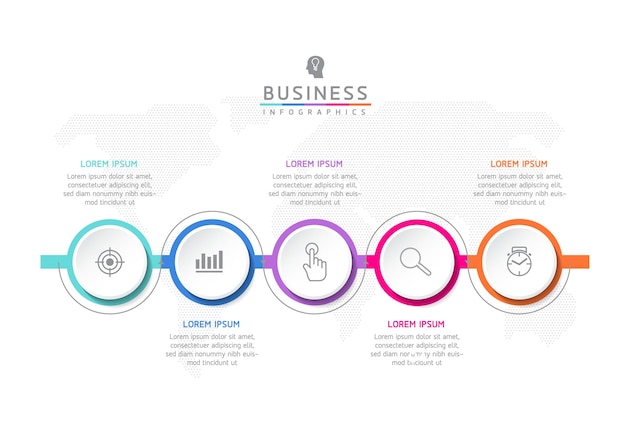 Cirkelvormige verbindingsstappen infographic sjabloon met 5 elementen