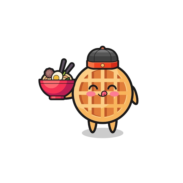 Vector cirkelwafel als chinese chef-kokmascotte met een schattig ontwerp voor noedels