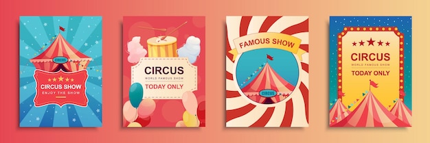 Vector cirkus show cover brochure set in plat ontwerp poster sjablonen met gestreepte tent voor acrobat clown of goochelaar kunstvoorstellingen ballonnen suikerhout carnaval kaartjes vector illustratie