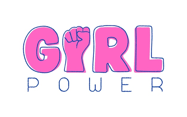 Citeer roze pluizige tekst girl power met feministische vuist en anaglyph-stijl met blauwe lijn