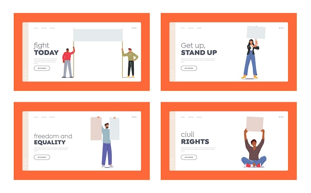 Citizen protesting landing page template set. male female characters hold empty placards, banners or signs fighting for their rights, angry people with placards on rally. cartoon vector illustration