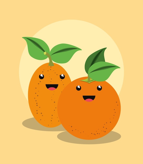 Design di frutta citrico con arancia kawaii e pomodoro ad albero