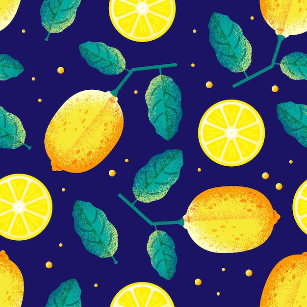 Citroen naadloos patroon Vruchten en bladeren print sjabloon Helder gele citrus achtergrond Tropic sappige zomer mooie swanky vector achtergrond