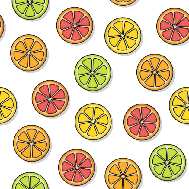 흰색 배경에 감귤 류의 과일 원활한 패턴입니다. 신선한 오렌지, 자몽, 레몬, 라임 아이콘 벡터 일러스트 레이 션
