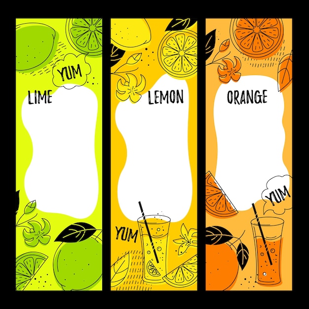 Citrus fruits (lime, lemon, orange). 3 vertical banners with space for text. doodle style.