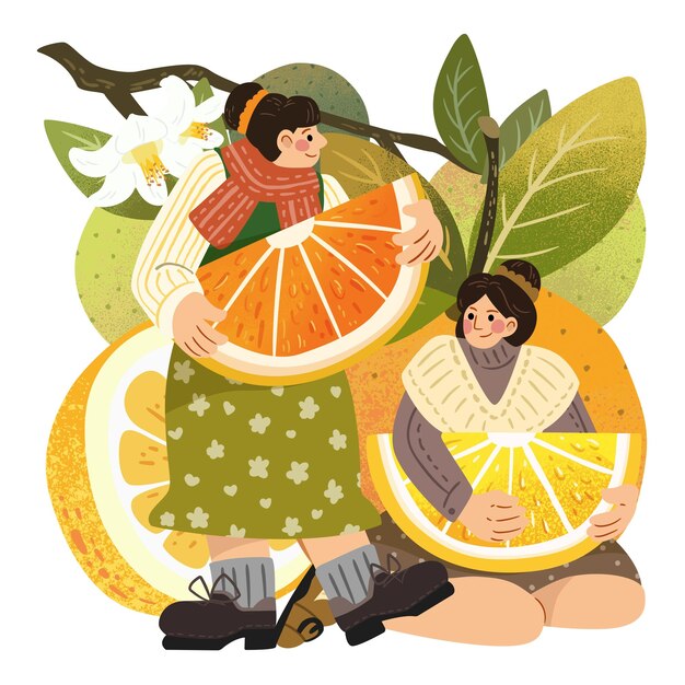 Vector citrus and girls illustration