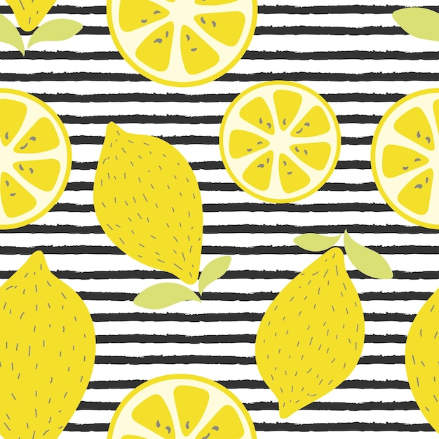 Citrus lemon fruit vector drawing set on stripe seamless pattern
