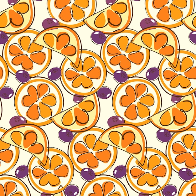 Citrus orange blueberries vector pattern on yellow background Summer bright fruits Wrapping paper