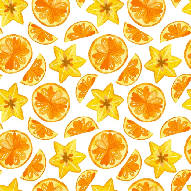 Citruses and carambola drawings seamless pattern