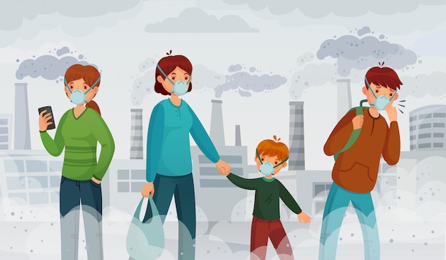 city air pollution. smog pollutants, suffocation environment and passer in breathing masks illustration