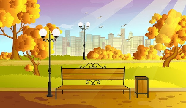 Vettore parco autunnale della città con passerella di panchine di aranci e lanterna città e parco cittadino paesaggio natura