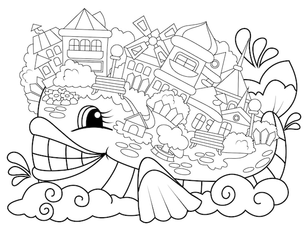 Città sul dorso di una balena pesce e case pagina del libro da colorare animali cartone animato pagina da colorare
