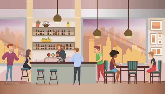 City bar full of visitors flat vector illustration