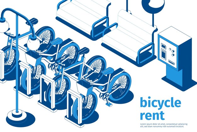 Vector city bicycle rent service spot with parked bikes and benches of white and blue color isometric