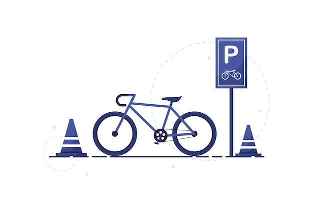 Zona di parcheggio per bici da città con segnaletica stradale in design piatto