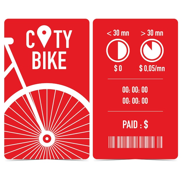 市内の自転車レンタルの領収書、クイタンス、チケット、タロン、赤の背景に白い自転車、バーコード。