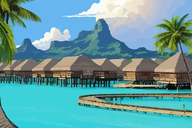 city Bora Bora Tahiti seacoast view sea illustration