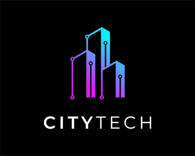 Vector city building architectural circuit electronic tech cyber connectivity futuristic vector logo design