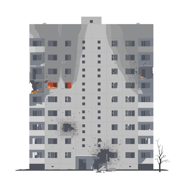 Vector city building damaged by shelling and bombardment isolated vector illustration