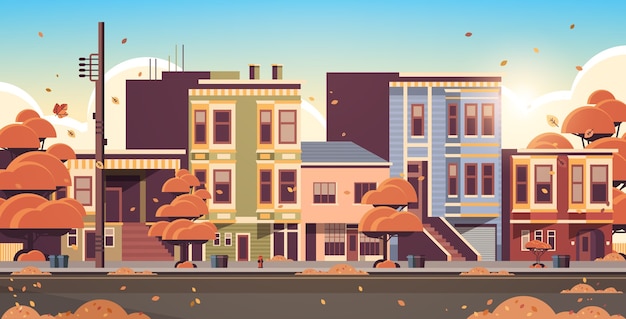 Vector city building houses exterior modern town street in autumn sunset cityscape